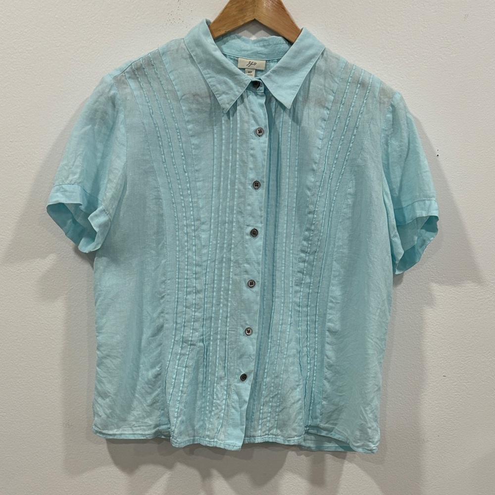 J.Jill Linen Blue Short Sleeve Pleated Button Down Blouse, Size MP